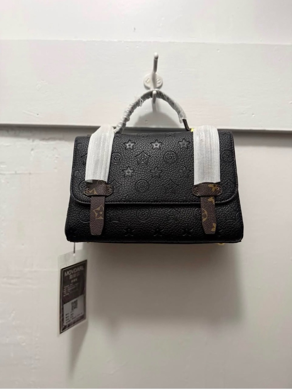 Black Embossed Top-Handle Shoulder Bag